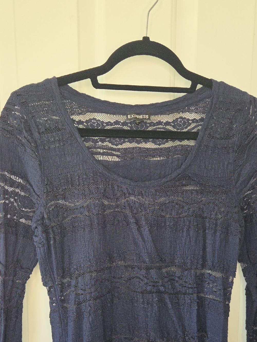 Express Navy Lace Long Sleeve Scoop-Neck Top